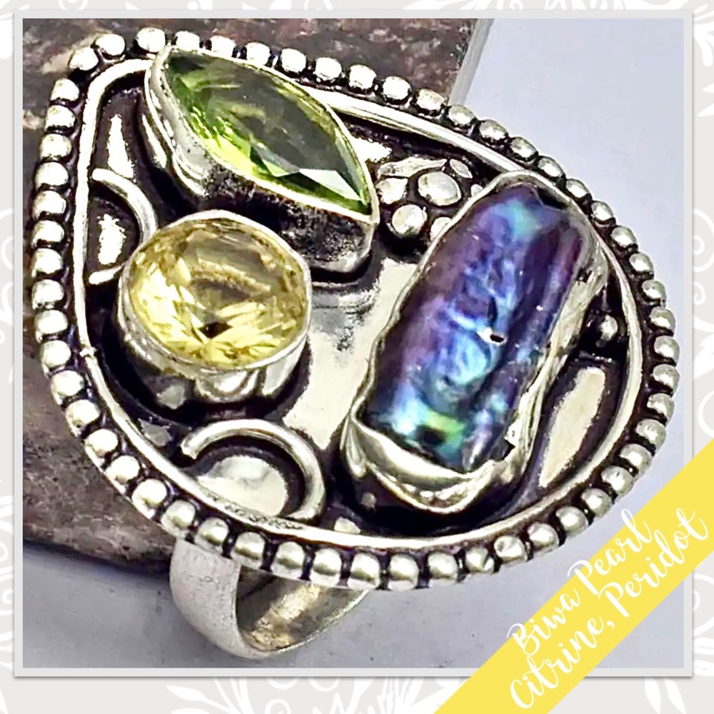 Biwa Pearl, Citrine, Peridot Silver Artisan Cluster Ring (Purple, Yellow, Lime) - Picture 2 of 2